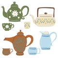 Teacup and Teapot collection. Hand drawn cartoon vintage kitchen tools set. Retro coffee, tea pot, cup, kettle ceramic