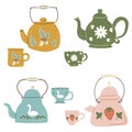 Teacup and Teapot collection. Hand drawn cartoon vintage kitchen tools set. Retro coffee, tea pot, cup, kettle ceramic