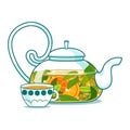 Teacup, teapot with green tea and orange vector on white background. Hot green tea kettle. Flat style drink illustration