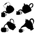Teacup and Teapot pouring collection. Hand drawn cartoon vintage kitchen tools set. Retro coffee, tea pot and cup pour