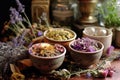 teacups filled with aromatic dried flowers and herbs