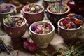 teacups filled with aromatic dried flowers and herbs