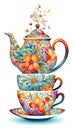 Teacups with teapot with flowers and copy space