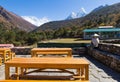 Teahouse wooden tables, Deboche village, Nepal.