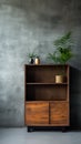 Teak Cabinet with Sliding Doors Against Industrial Concrete - AI Generated