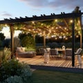 Teak wooden deck with decor furniture and ambient lighting. Side view of garden pergola with gas grill at twilight Generative AI. Royalty Free Stock Photo