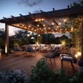 Teak wooden deck with decor furniture and ambient lighting. Side view of garden pergola with gas grill at twilight Generative AI. Royalty Free Stock Photo