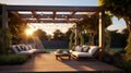 Teak wooden deck with decor furniture and ambient lighting. Side view of garden pergola with gas grill at twilight Generative AI.