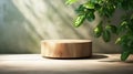 Teak wooden round smooth beautiful grain podium table. Generative AI