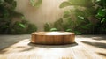 Teak wooden round smooth beautiful grain podium table. Generative AI