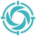 Teal abstract circular symbol featuring a dynamic swirling aperture lens design within a target outline Royalty Free Stock Photo