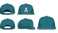 Teal baseball snapback cap template vector illustration set showing different angles of the flat brim hat isolated on white Royalty Free Stock Photo