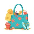 Teal Beach Bag with Summer Essentials Royalty Free Stock Photo