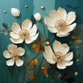 Teal And Beige Floral Wallpaper: Realistic Yet Stylized With Surrealistic Elements