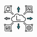 Teal and Black Cloud Computing System Diagram Data Flow Arrows Bell Gear Waveform Icons illustration Royalty Free Stock Photo