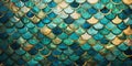 Teal blue and golden fish scale mosaic background wall Royalty Free Stock Photo