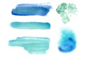 Teal blue green watercolor brush strokes, splashes and blots for sea or ocean nautical designs. Hand drawn background