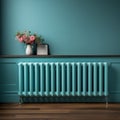 a teal blue metal radiator with a wooden floor and teal wall, interior design, generative ai