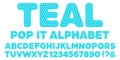 Teal blue popit alphabet and numbers set in fidget toy style. Pop it font design as a trendy silicone toy for fidget in