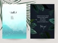 Teal blue watercolor and dark tropical leaves vector design