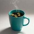 A teal ceramic mug filled with steaming chamomile tea. The surface is adorned with Royalty Free Stock Photo