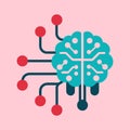 Teal circuit board brain icon with red and dark blue nodes on pink augmented and virtual reality background 1 Royalty Free Stock Photo