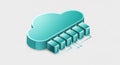 Teal cloud computing symbol connected to multiple server racks in isometric perspective on a light background Royalty Free Stock Photo