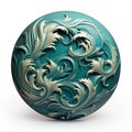 Teal-coated 3d Polyester Orb With Hyperrealistic Marine Life And Rococo Ornamental Details