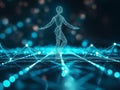 a teal wireframe figure with arms outstretched, standing in the center of a complex network of data lines Royalty Free Stock Photo