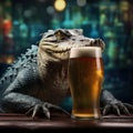 Teal Crocodile Staring At A Glass Of Belgian Tripel Beer