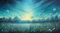 teal dandelions creating a unique and enchanting atmosphere on a grassy canvas