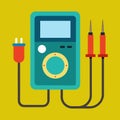 Teal digital multimeter with red probes and orange plug on yellow background electronic device tool Royalty Free Stock Photo