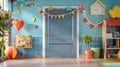 Teal door with party decorations in a room, playful, celebration, interior design