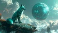 Teal Fox Sitting on Cliffside Planet Royalty Free Stock Photo
