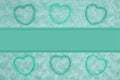 Teal frame hearts on pale teal rose plush fabric with ribbon background