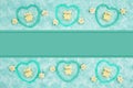 Teal frame hearts and rose buds on pale teal plush fabric background