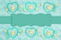 Teal frame hearts, teddy bears and rose buds on pale teal rose plush fabric with ribbon background