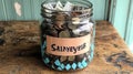 Teal Glass Jar Filled with Coins and Bills on Rustic Wooden Surface Royalty Free Stock Photo