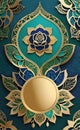 Teal and Gold Islamic Floral Frame with Empty Circle: Customizable Eid Card Royalty Free Stock Photo