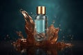 Teal and gold micellar bottle cosmetic mockup on blue background