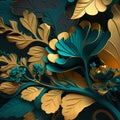 Teal and goldenfantasy flower Illustration for prints, wall art, cover and invitation. Watercolor art background