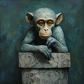 Teal Monkey: A Post-impressionism Wall Art Of A Monkey Sitting In A Cement Block
