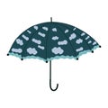 Teal open umbrella retro design with clouds pattern