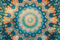 Teal and Orange Abstract Mandala, Kaleidoscopic Design Featuring Intricate Geometric Patterns, Symmetrical Floral M