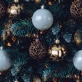 Teal orange Christmas background with decorated tree toys. Celebrate on the Christmas tree with colorful balloons decorations. Royalty Free Stock Photo