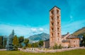 Teal and orange view of Belfry and church of Sant Climent de Taull, Catalonia, Spain. Romanesque style Royalty Free Stock Photo