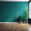 Empty room with teal painted wall and wood floor with tropical plans Generative AI Royalty Free Stock Photo