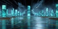 Futuristic Stage Design with Glowing Teal Pillars and Floor Royalty Free Stock Photo