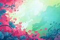 Teal and pink abstract nature background with various plants, copyspace banner