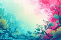 Teal and pink abstract nature background with various plants, copyspace banner